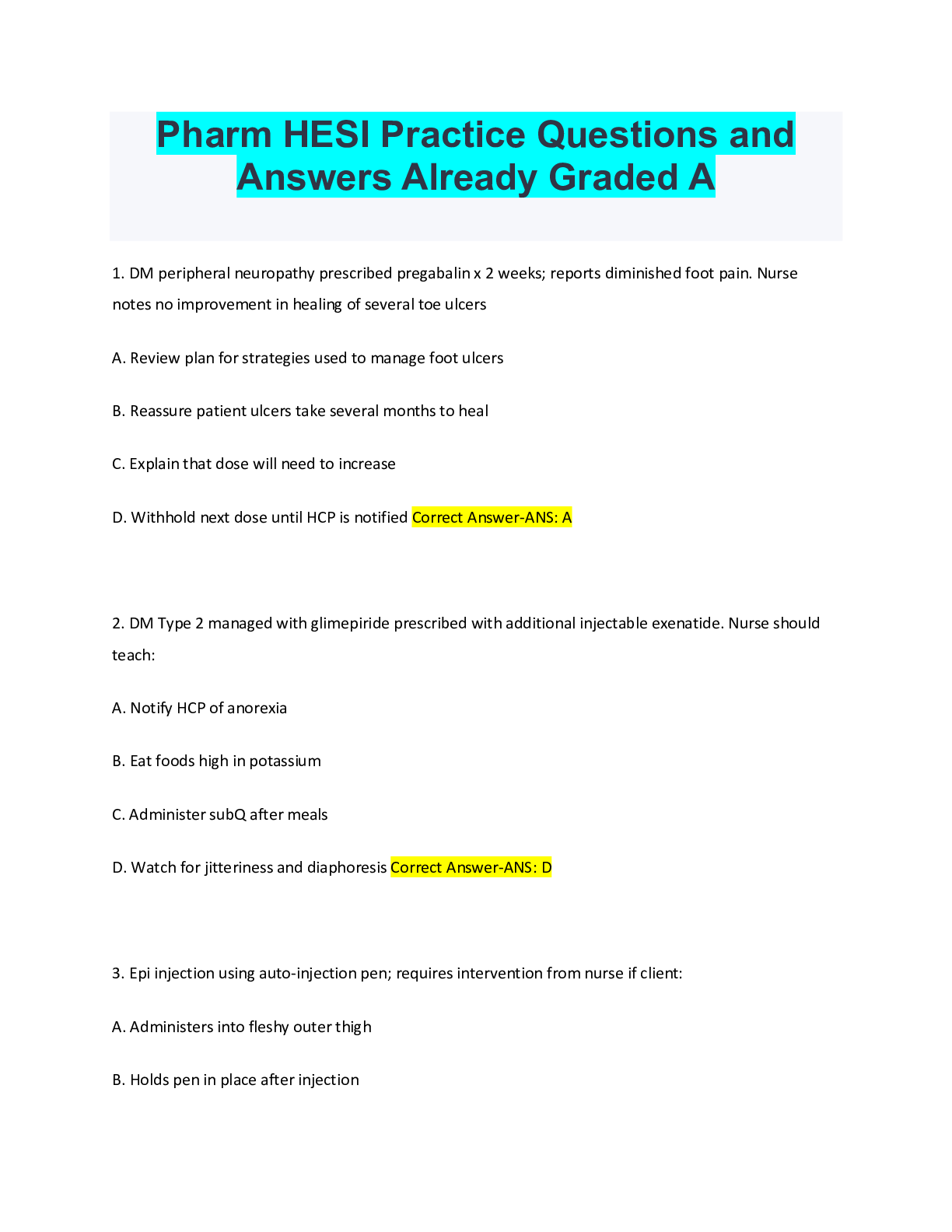 Preview of Pharm HESI Practice Questions and Answers Already Graded A